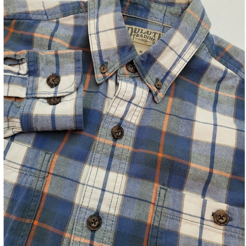 Duluth Trading Co Mens Plaid Flannel Shirt Blue Orange Cotton Button Down M
